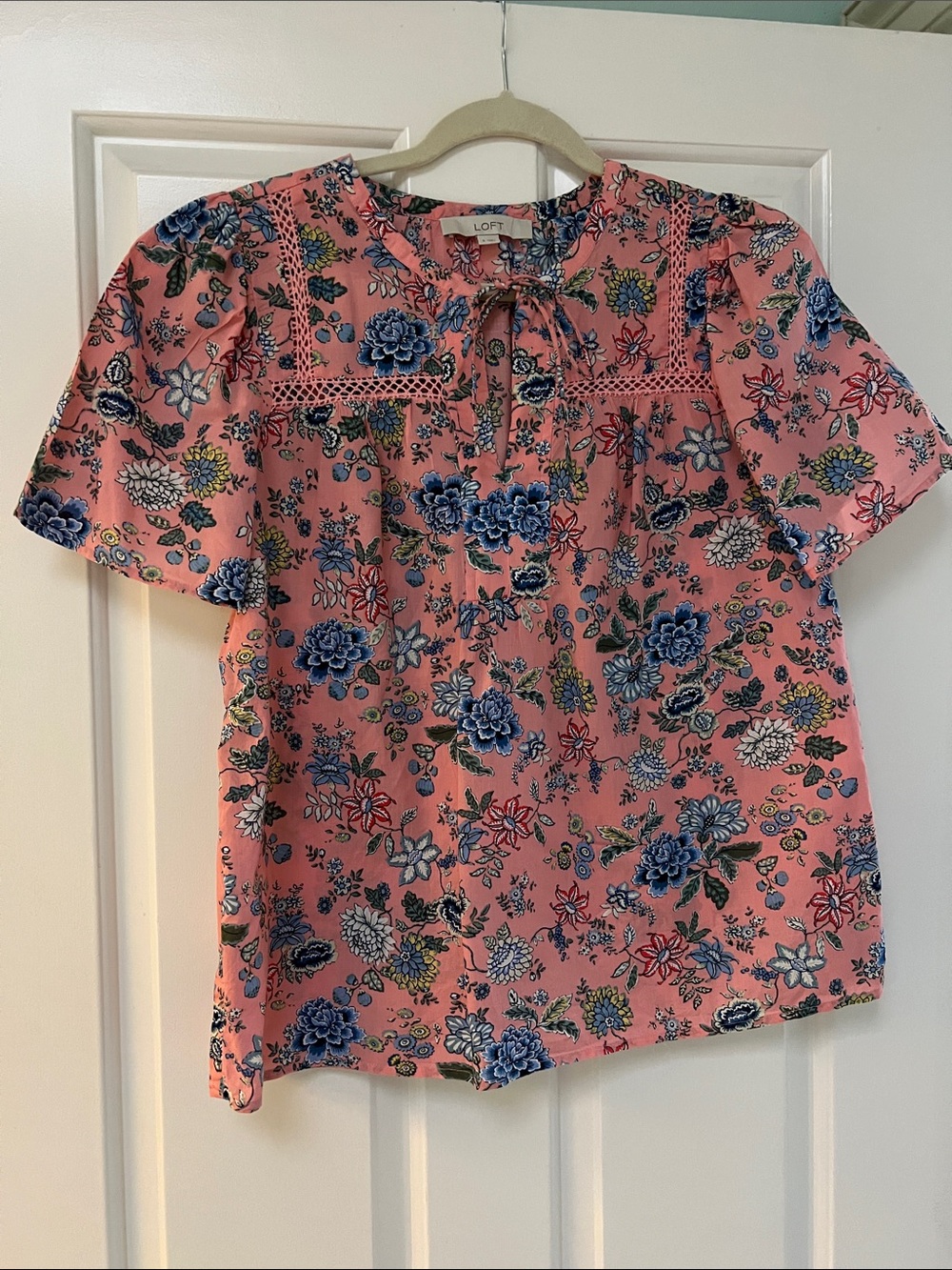 LOFT Coral Pink Floral Tie-Neck Lace Yoke Blouse